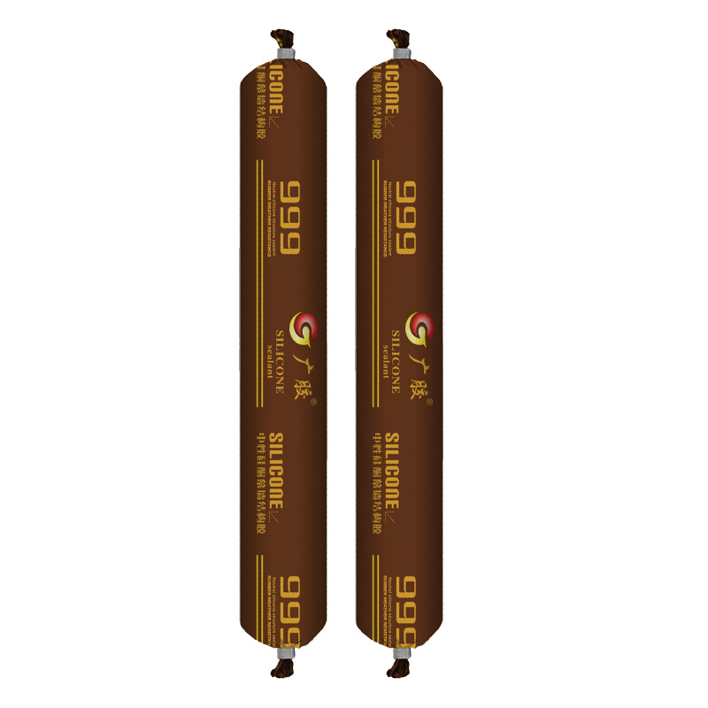 Neutral silicone curtain wall structural sealant applied at glass to aluminum frame joint